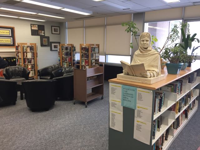 Malala sculpture at home in the Clarkson Secondary School library