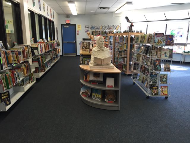 Malala sculpture at home in Willow Way Public School library