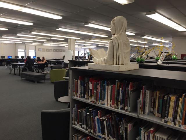 Malala sculpture at home in the Meadowvale Secondary School library 