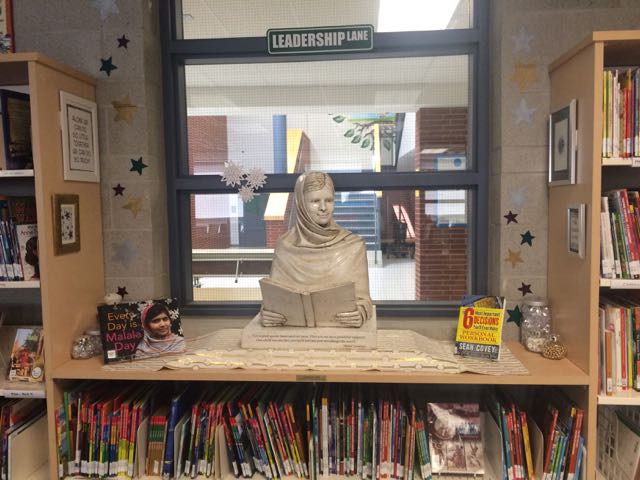 Malala sculpture at home in the Beryl Ford Public School library