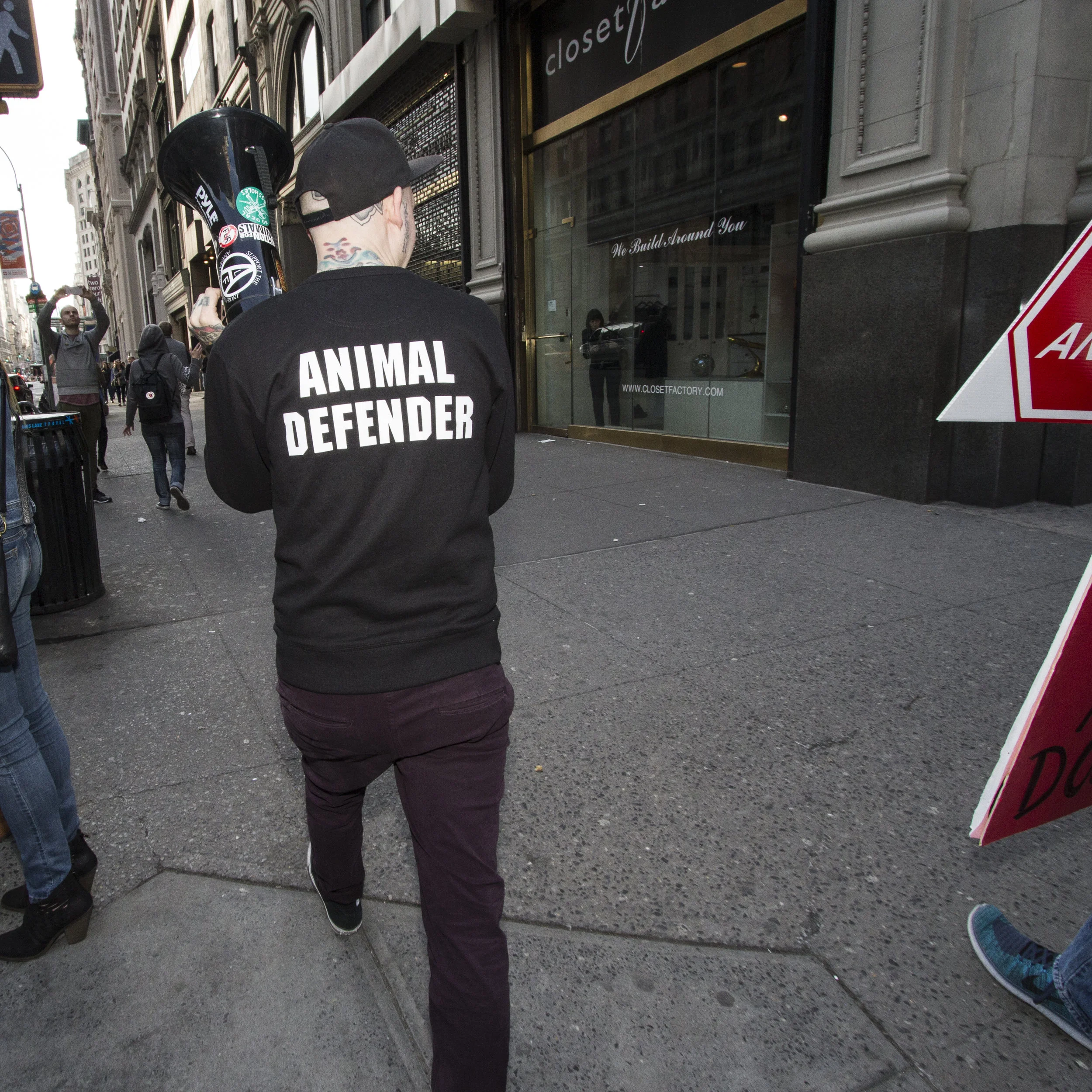 One of the organizers of the march and one of the most passionate animal rights activists in New York City, leads protesters down Fifth Avenue.
