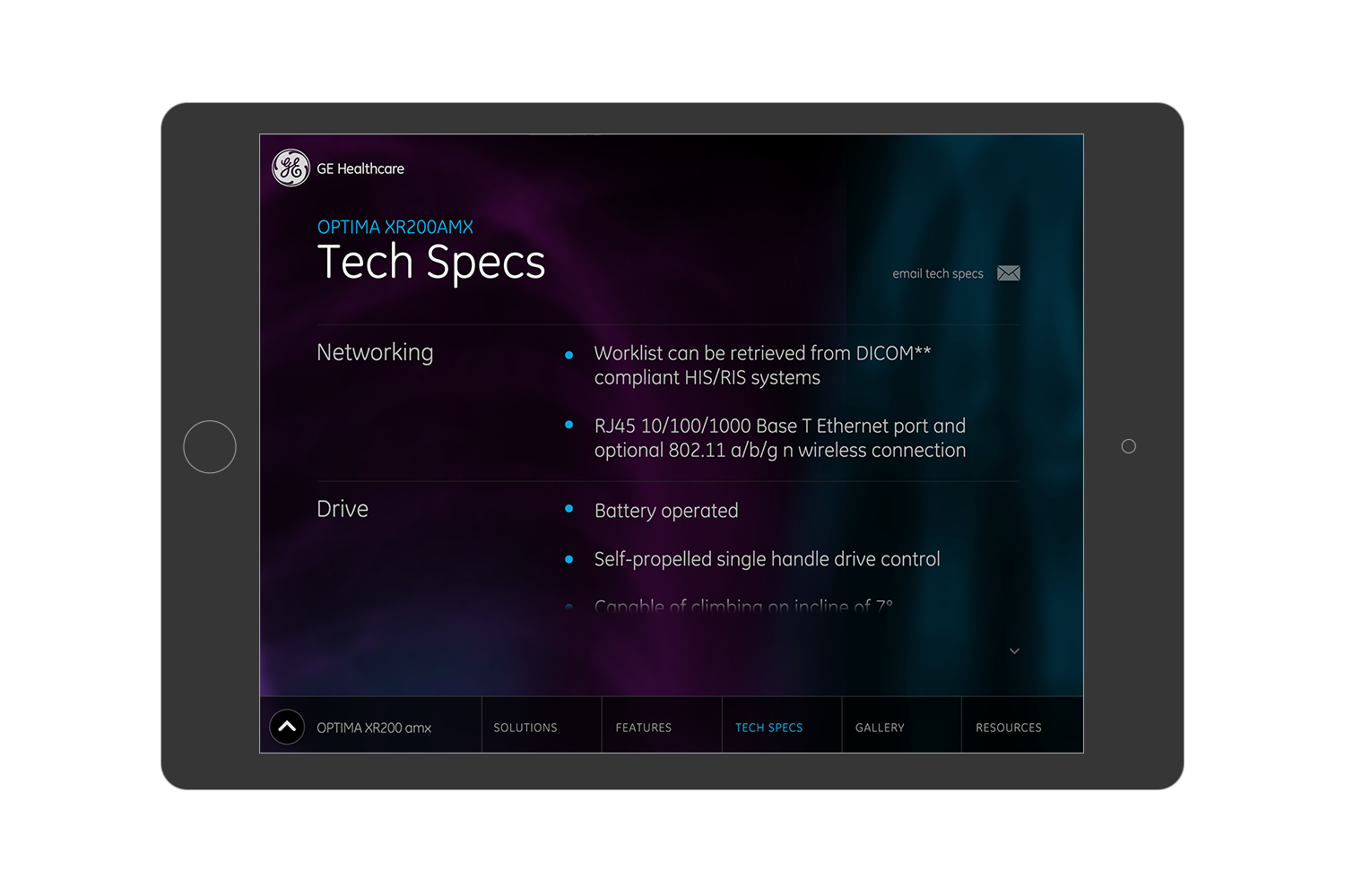 The app provides technical specifications and allows reps to share them via e-mail with customers.