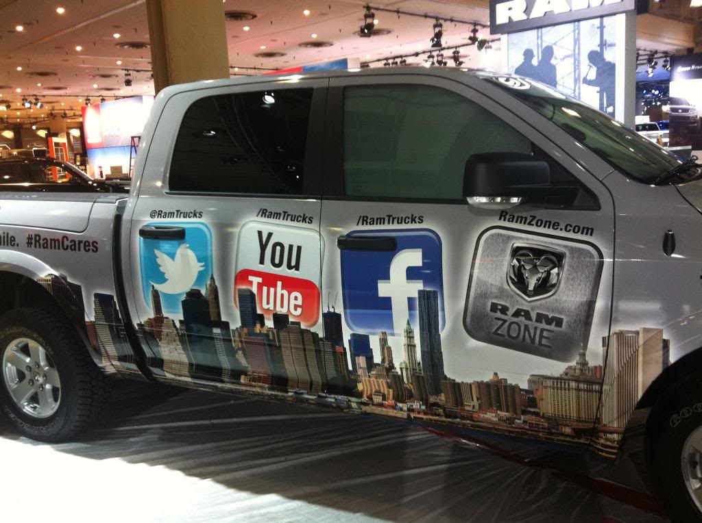 Social Media Dodge Ram. We tinted this truck with special touch screen and projection film. It was displayed at the New York International Auto Show. Attendees could actually sign in and leave status updates on Facebook and Twitter right from the show floor! Check out the video to see us tinting the windows.