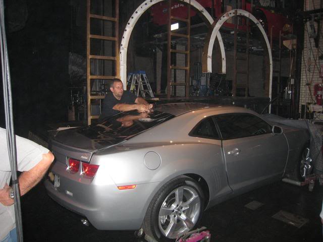 This 08 Pre production Camaro was tinted on the backstage of Radio City Music Hall. This car was used on stage for the Fashion Rocks Concert, the tint was hiding Blondie while Fergie sings and dances on the car. Click to view the video. We were hired for the day because we needed to remove the film the minute the show was over. Our favorite part was listening to Kid Rock rehearse "All summer long" for hours. 