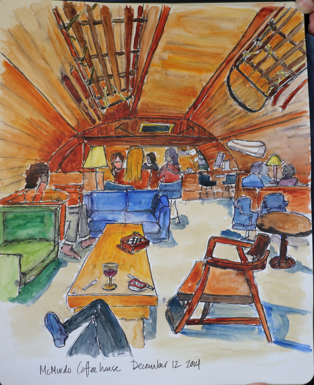 mcmurdo station coffeehouse, ink and watercolor on paper