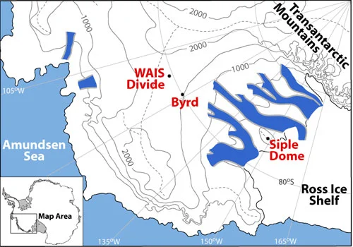 The dashed line represent the West Antarctic Ice Sheet divide, and the dot labelled WAIS divide is where the ice core was extracted. That's where we are!