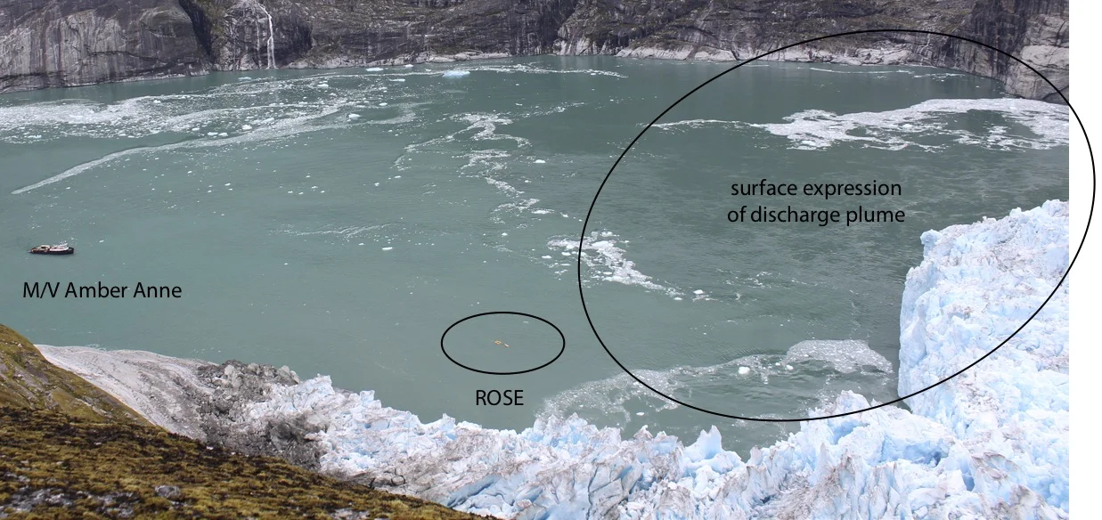View from one of our time-lapse cameras showing our research vessel (the Amber Anne) and ROSE (the Robotic Oceanographic Surface Explorer) headed towards the glacier face and subglacial discharge plume that is the prime objective for our sampling.