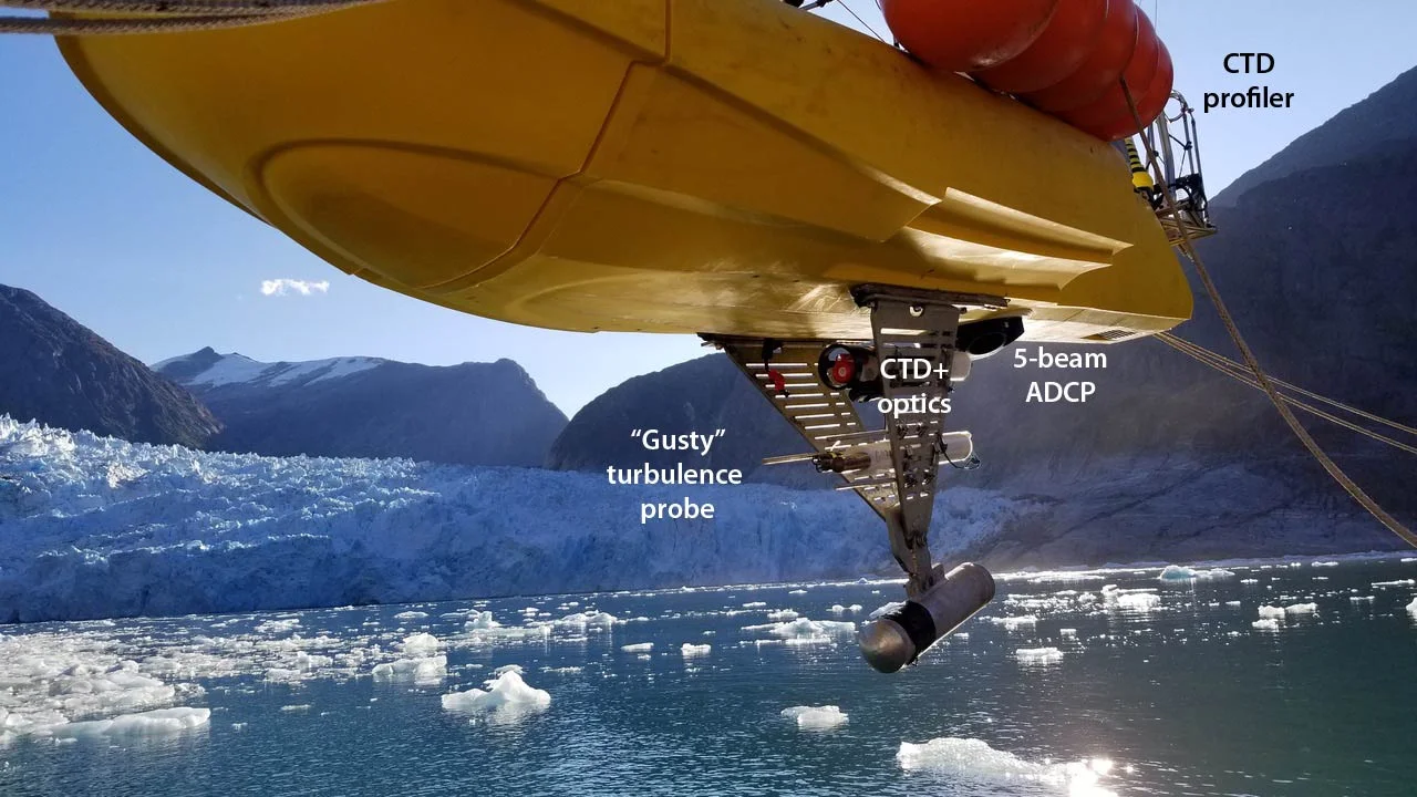 The ‘business side’ of ROSE is what is beneath the surface: on the keel are optical sensors and CTDs that measure salinity, temperature and sediments, turbulence sensors that capture the mixing and energy in the billowing eddies, and a 5-beam Teledyne RDI ADCP that images the velocity field up to 400 ft beneath the surface. At the very stern is a profiling CTD that measures salinity and temperature from the surface to bottom.