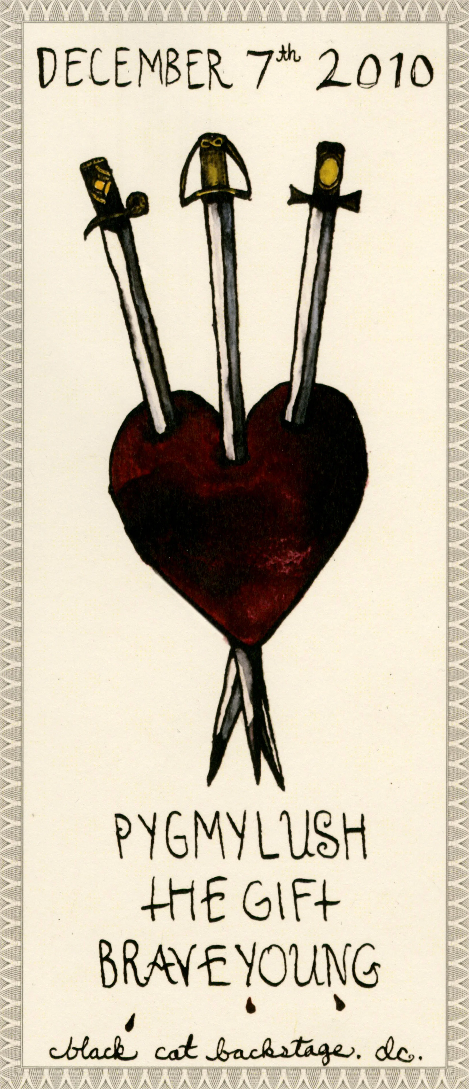 Three of swords. Mediums: gouache, ink, wine, blood, & digital printing. I like how this turned out but really regret having the border so dark and close in. It feels claustrophobic and would have looked a lot better with a light border further off. Learning not to overwork stuff, embrace negative space, and allow for breathing room is an ongoing process (in art + life...)