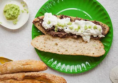 Braised Beef Sandwiches with Cucumber Wasabi Cream