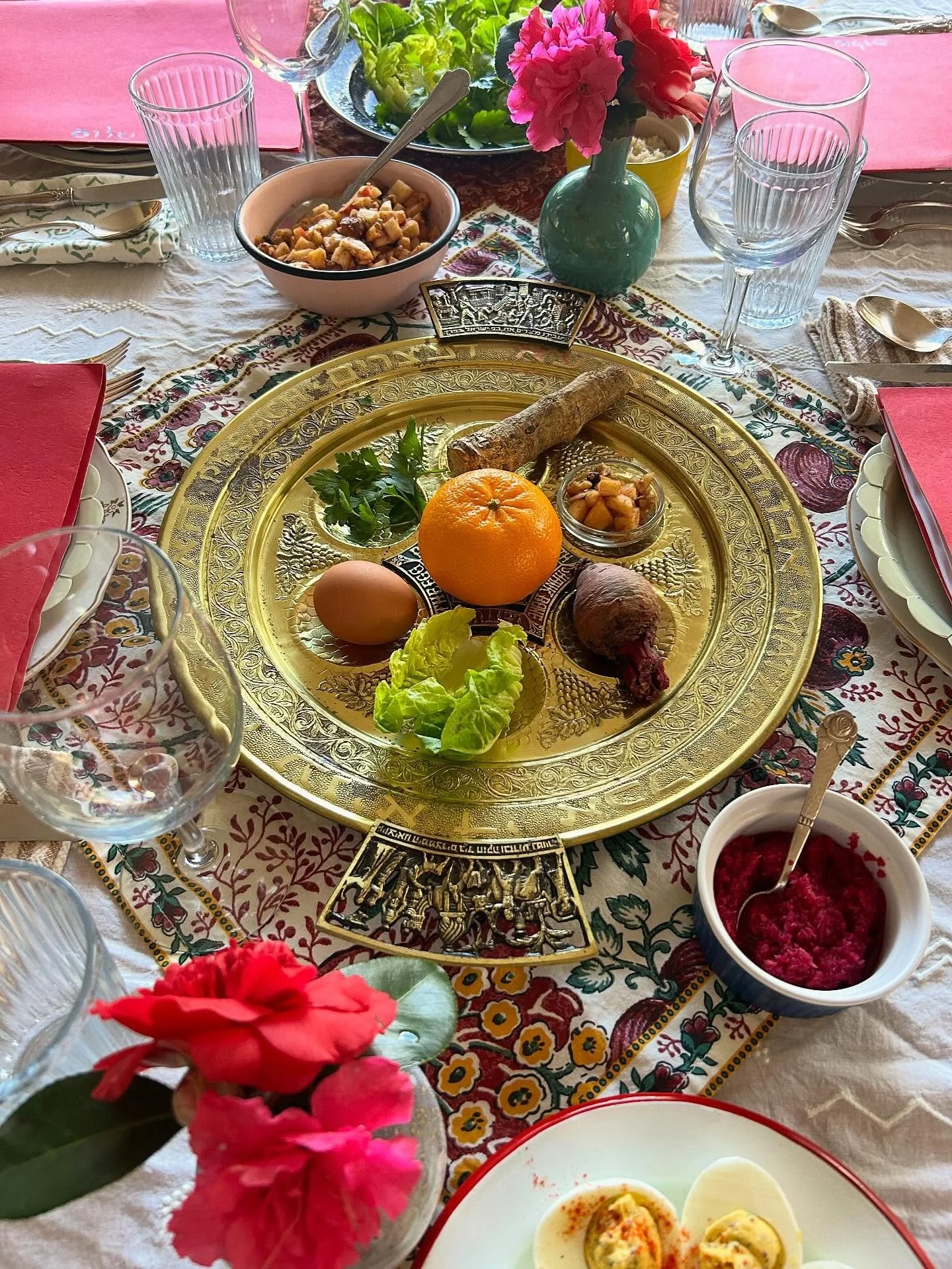 Seder highlights: sun coming in after the rain and just before sunset, flowers from the garden, a full table of lovely guests + ample food (but small enough of that everyone could talk as a group). 🌸🌺

Menu highlights: herby deviled eggs, fennel ar