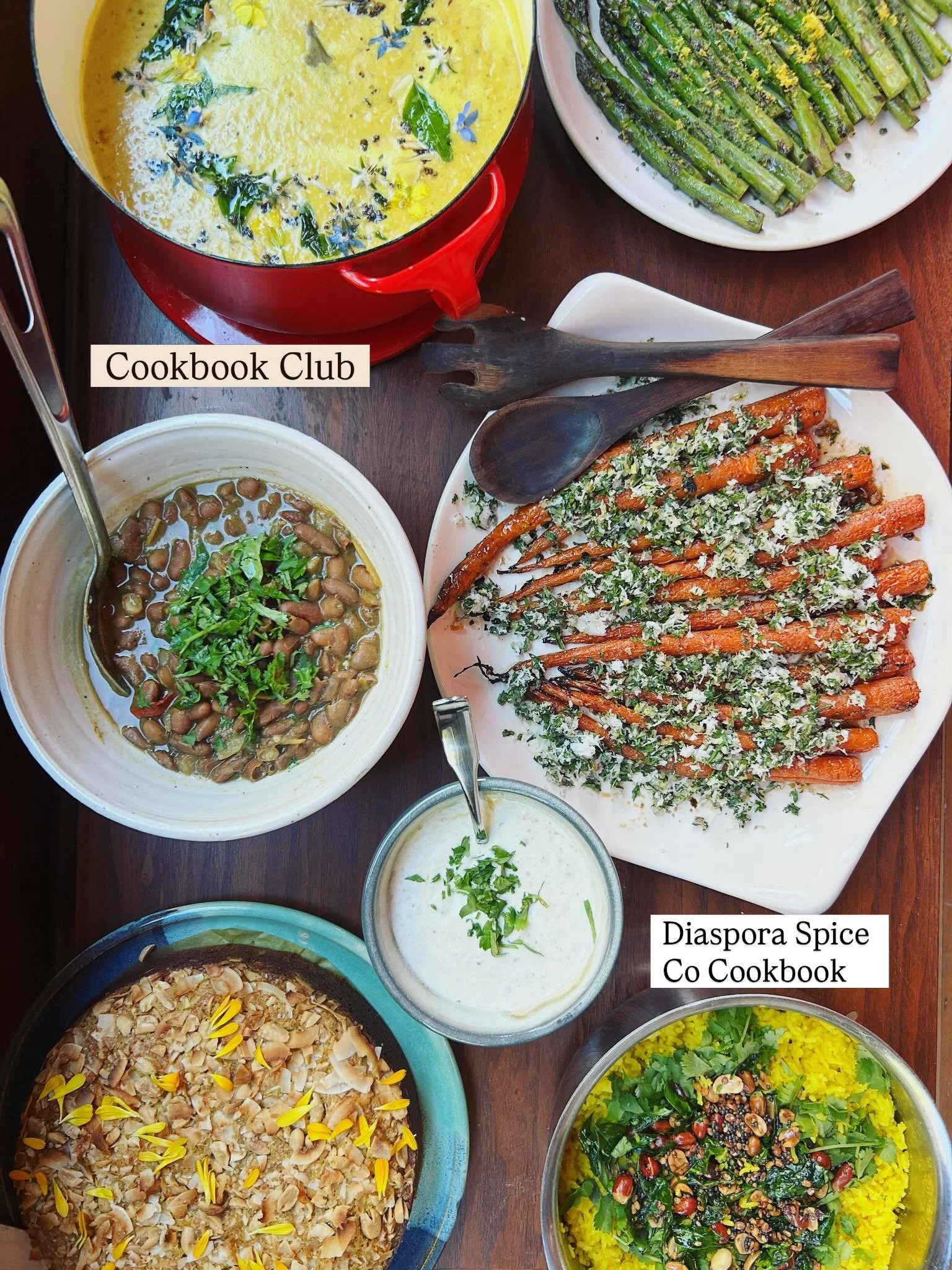Last night at #cookbookclub we cooked from the @diasporaco Cookbook!

There were so many pops of color and flavor on the table...
@homeinportland made the spiced maple-roasted carrots with carrot top sambol (I wish there were leftovers today), @emily