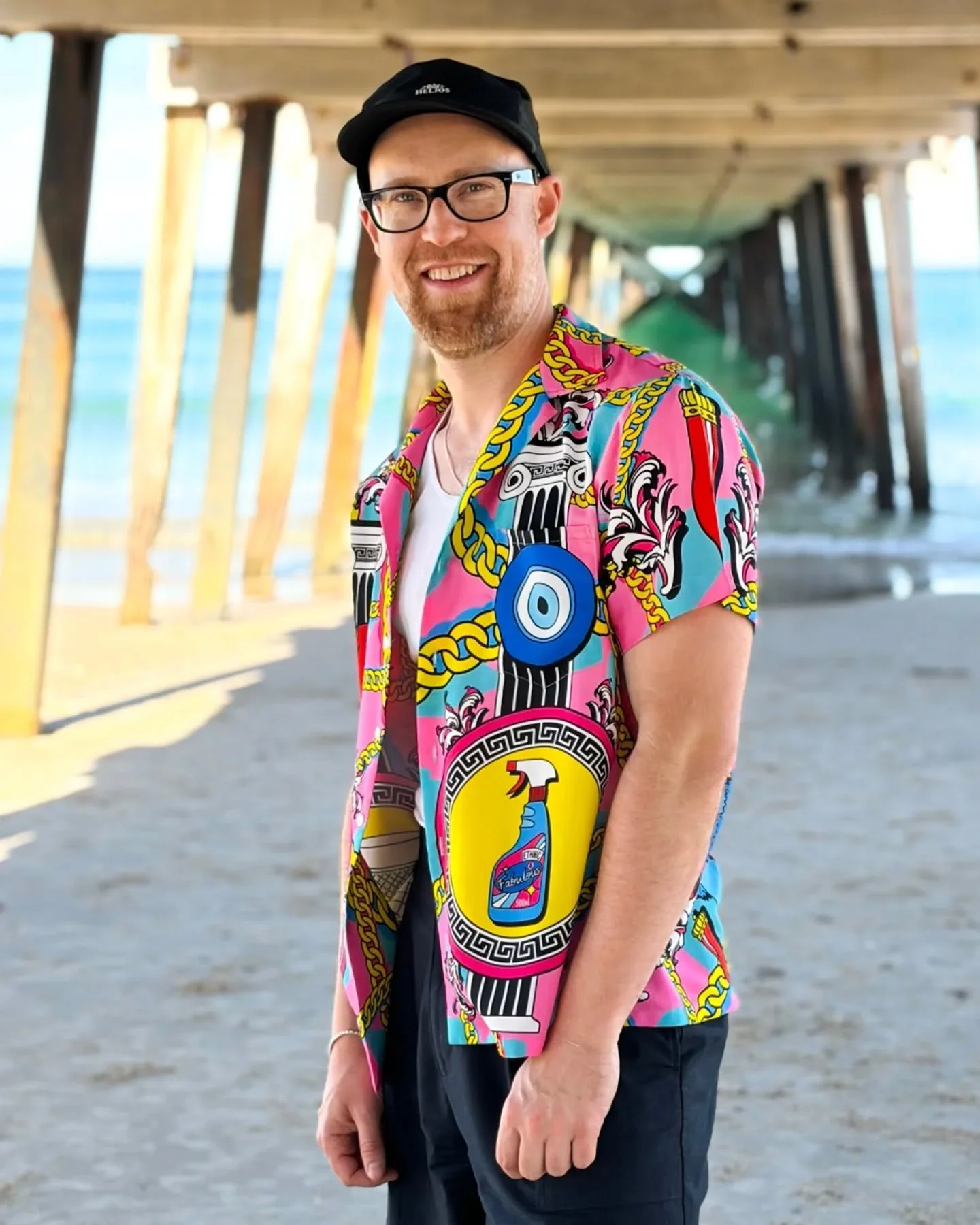 Artist and ginger legend @leo.greenfield rocking my 'Ethnic and Fabulous' shirt at our favorite spot in Henley Beach over the years! Leo and I have been friends since we bonded over a slap band in year 12 (true story) and he continues to be someone w