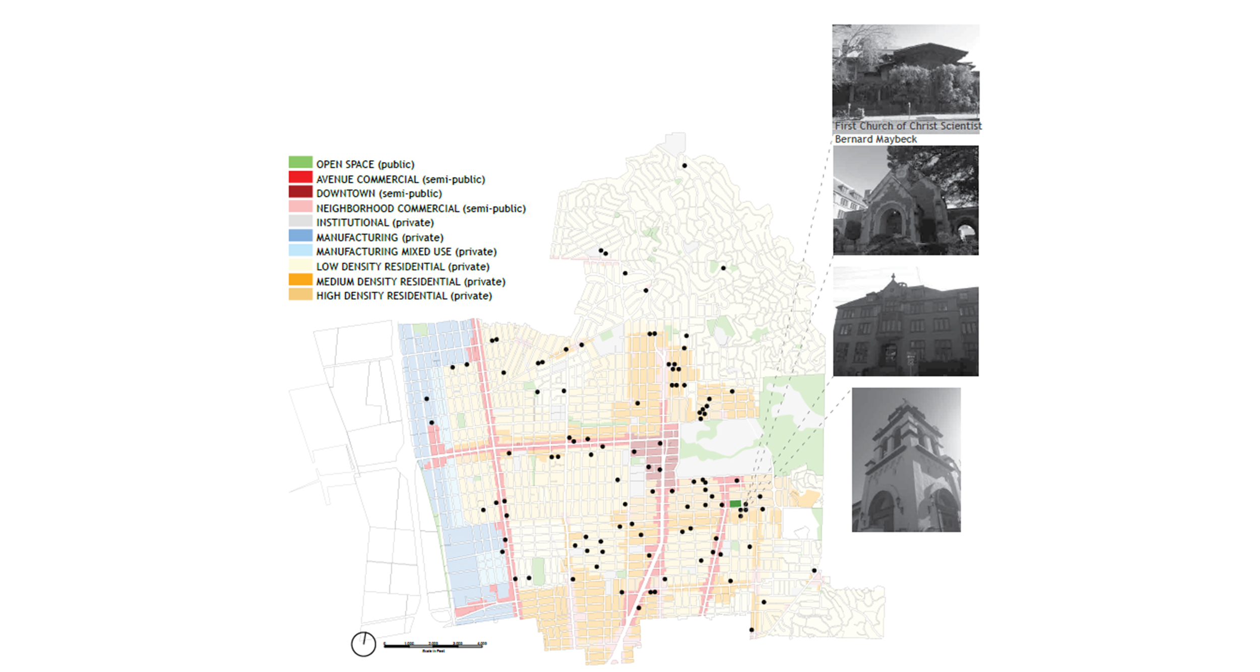 Mapping of all formally recognized spaces of worship, and public and private zones, in the city of Berkeley.