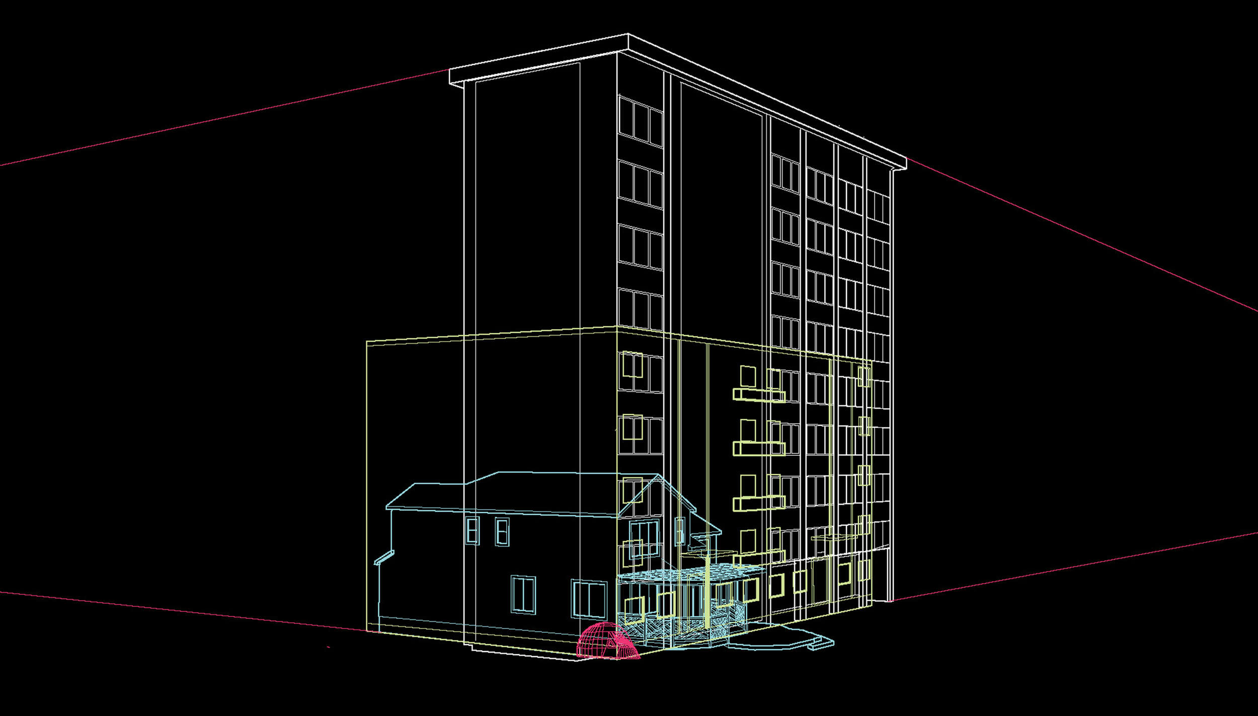 Dramatic difference in scale between informal shelters (tent) and formal residential structures that surround the park.