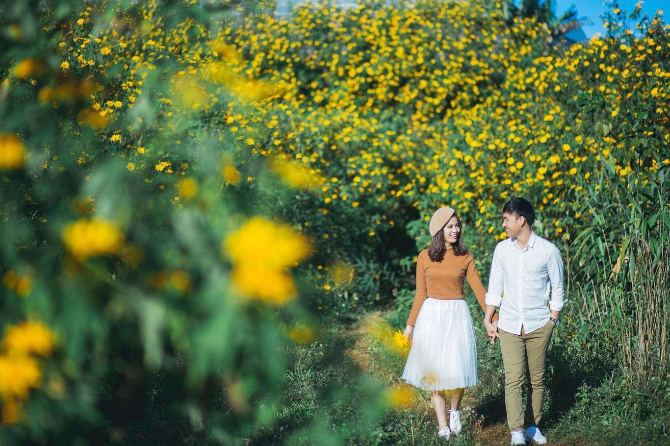 Rất nhiều cặp đôi mến sắc vàng của hoa Dã Quỳ Đà Lạt, tận dụng màu vàng đầy sắc sống này để làm nền cho bộ ảnh cưới của mình