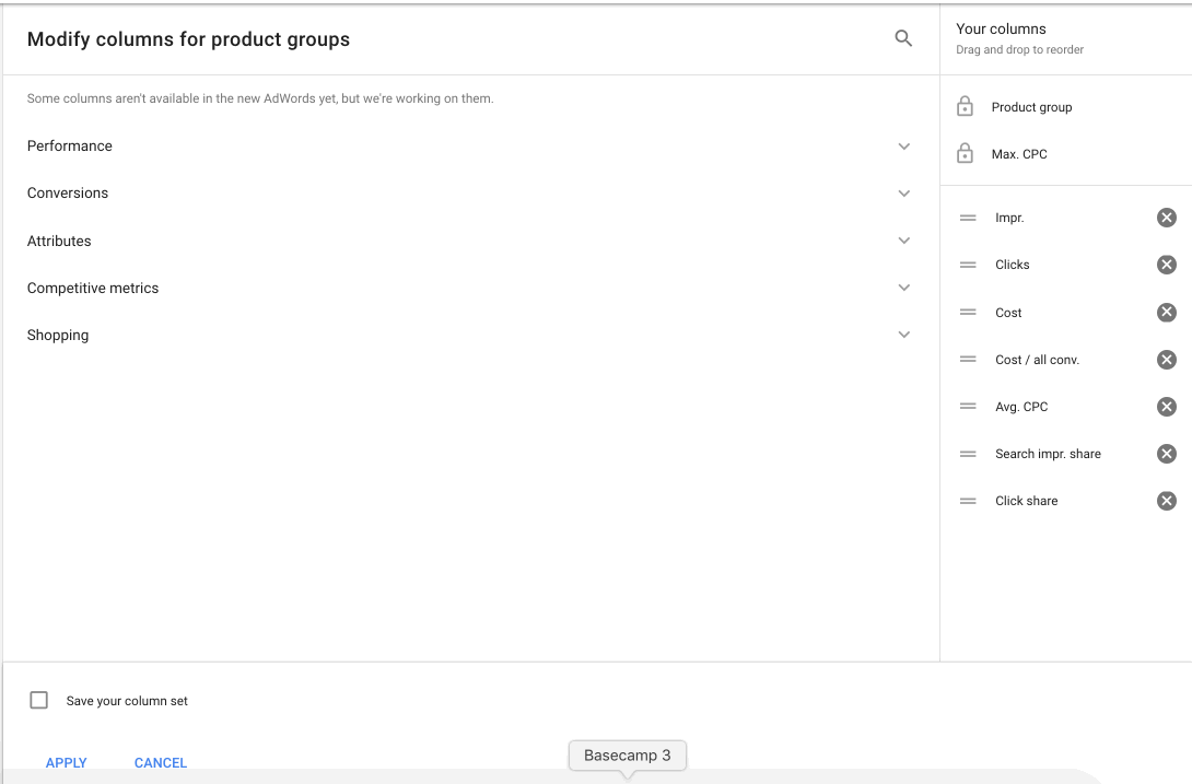 select roas columns in google shopping.gif