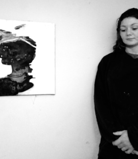 Harriet Poznansky next to Hong Kong Silk Series No. 1