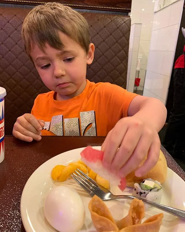 This kid ate almost FIVE FULL PLATES at the Chinese buffet last night. He ate every single kind of sushi they had except one that was basically just deep fried vegetables.