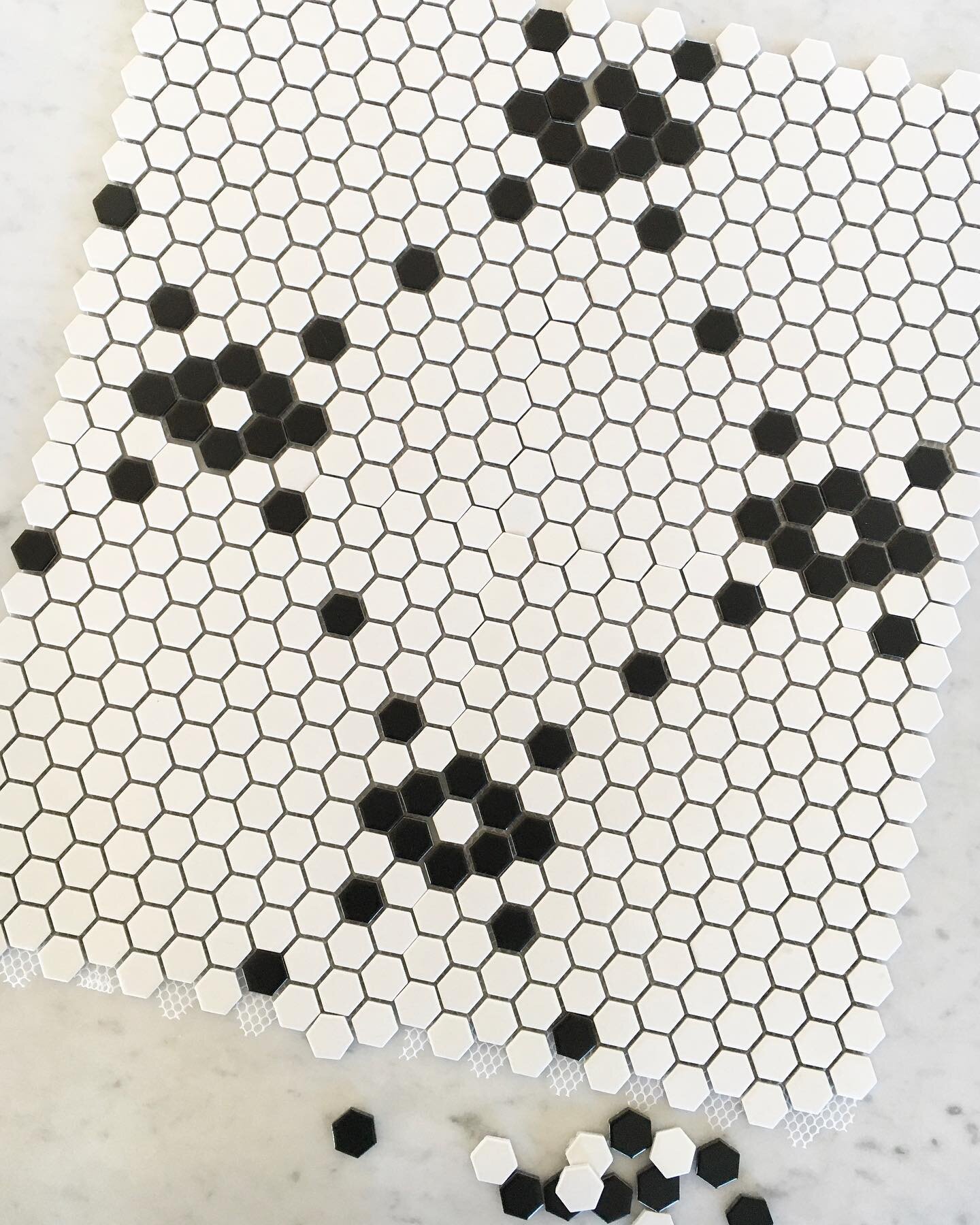Pattern play 🖤 🤍 🖤 ...We designed these hex mosaic patterns last year, and now finally getting to see the mock-ups for approval. ✔️ Stay tuned for the install happening this spring!  #CRIDprogress #CRIDcraftsmancottage #tile #hextile #tilepattern 