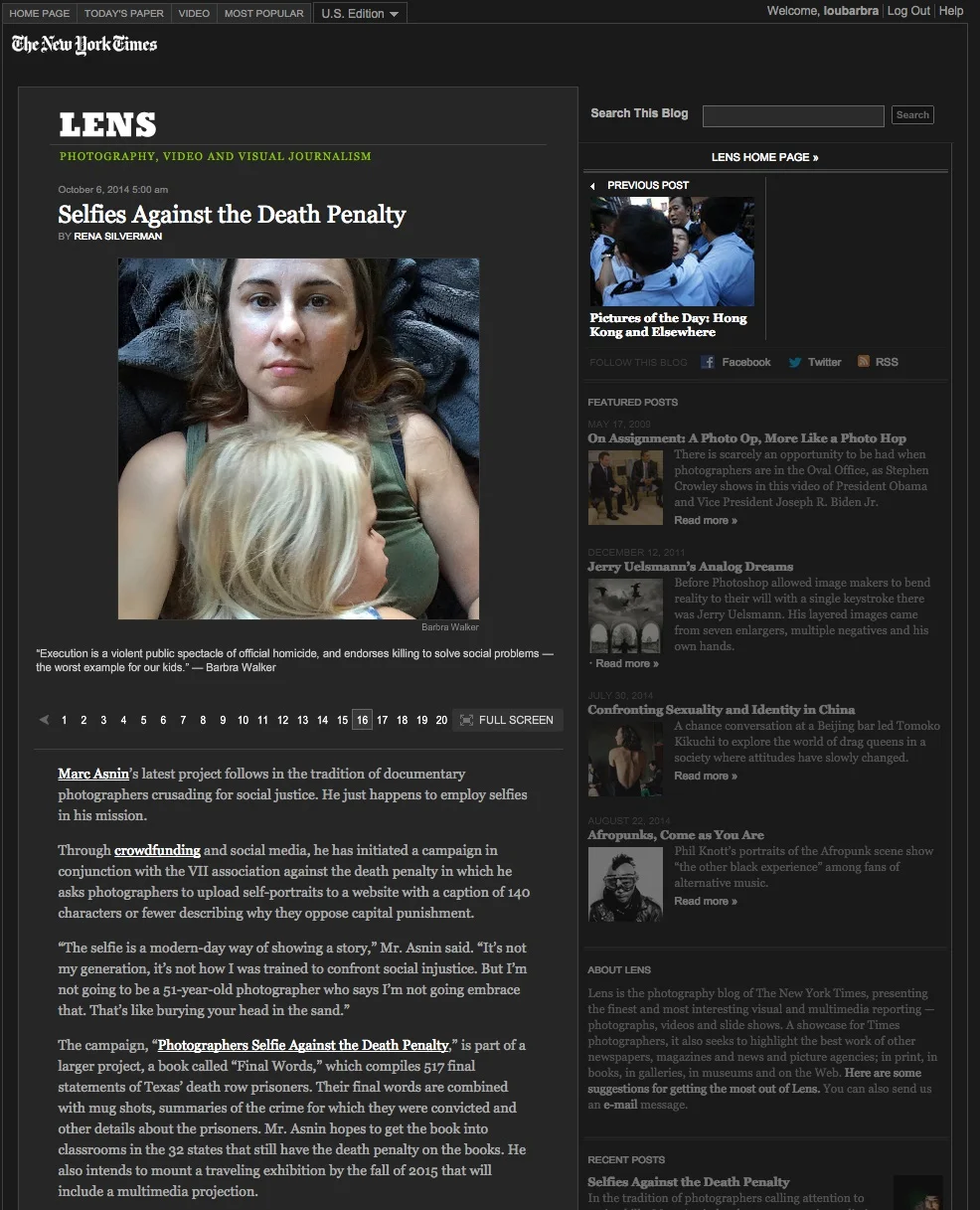      

 
   Marc Asnin has launched his campaign for Final Words on Indiegogo. &nbsp;Final Words is a book containing 517 statements, mug shots, and convicted crime descriptions of Texas death row prisoners. &nbsp;Photographers Selfie against the Dea