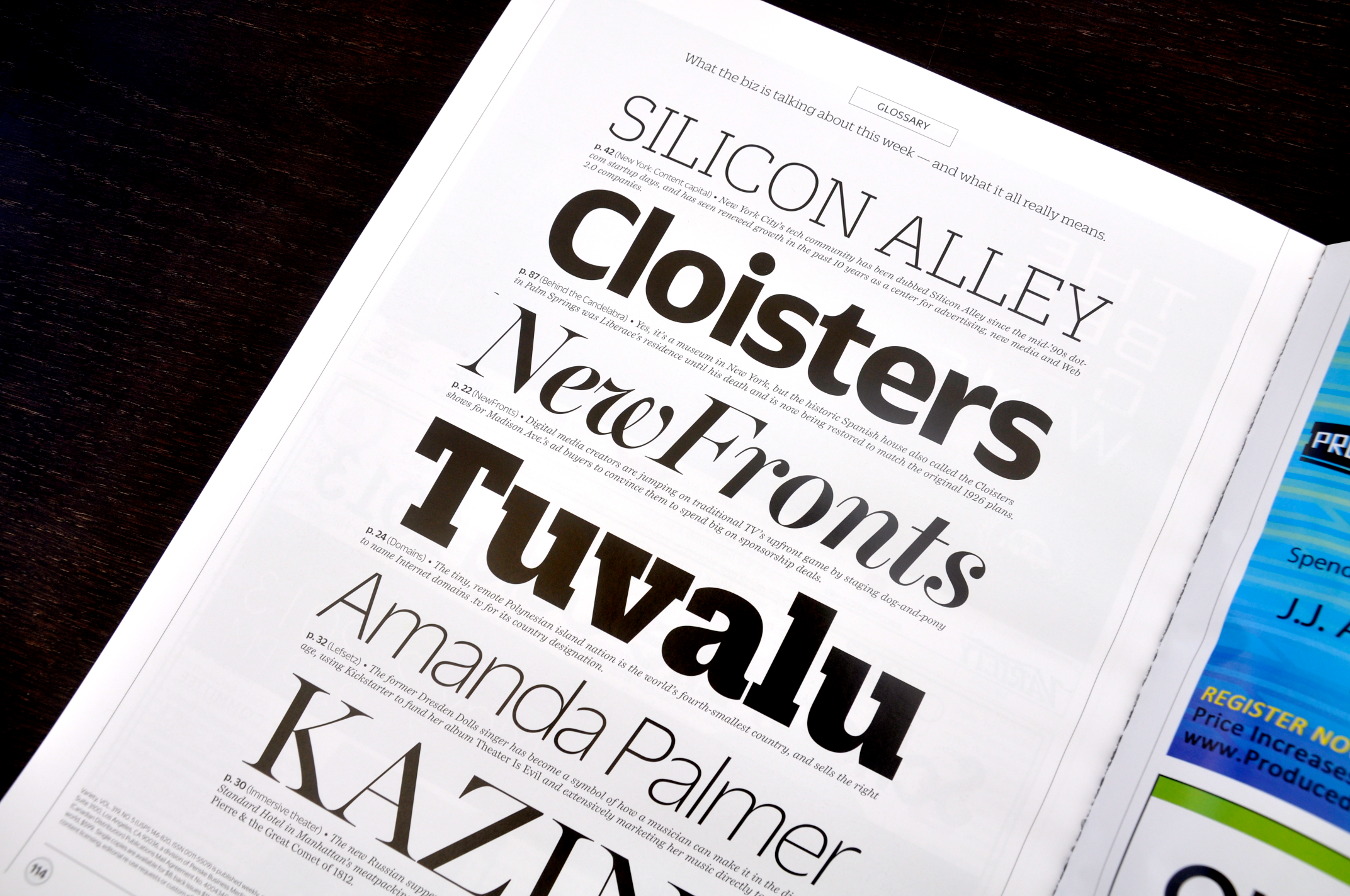 Glossary, set in the style of type foundry specimen sheet