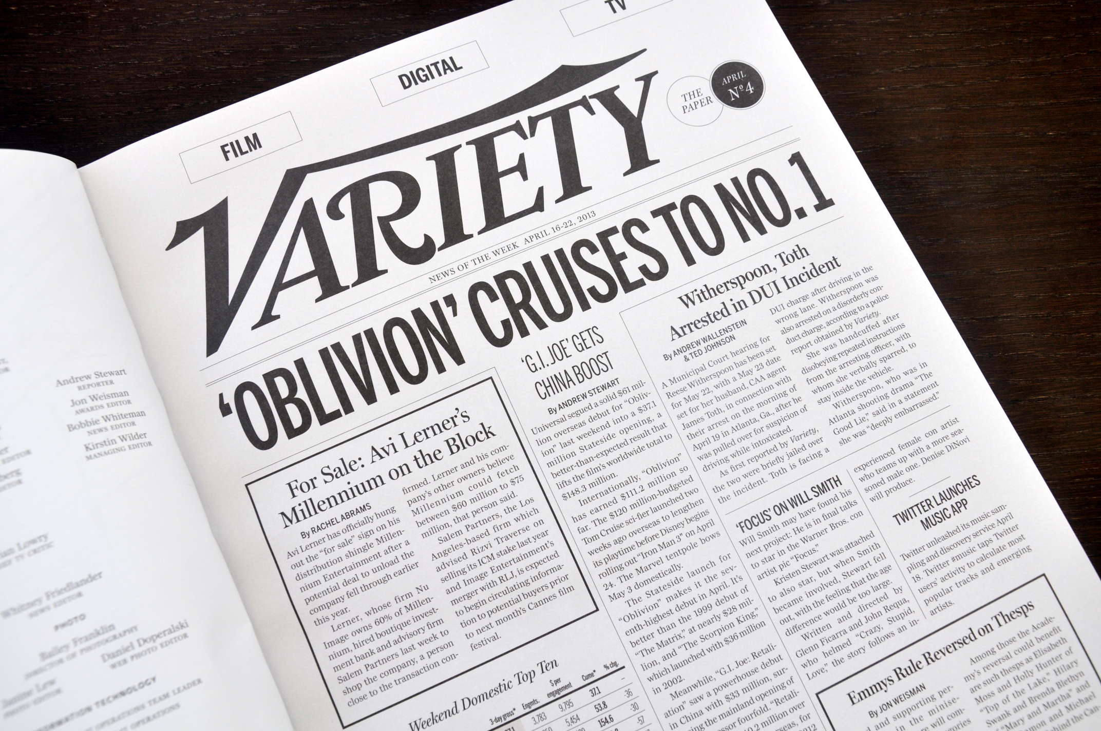Original design for news briefs at relaunch, The Paper was printed on an uncoated sheet using classic newspaper typography and referencing Variety's past daily editions layout. 