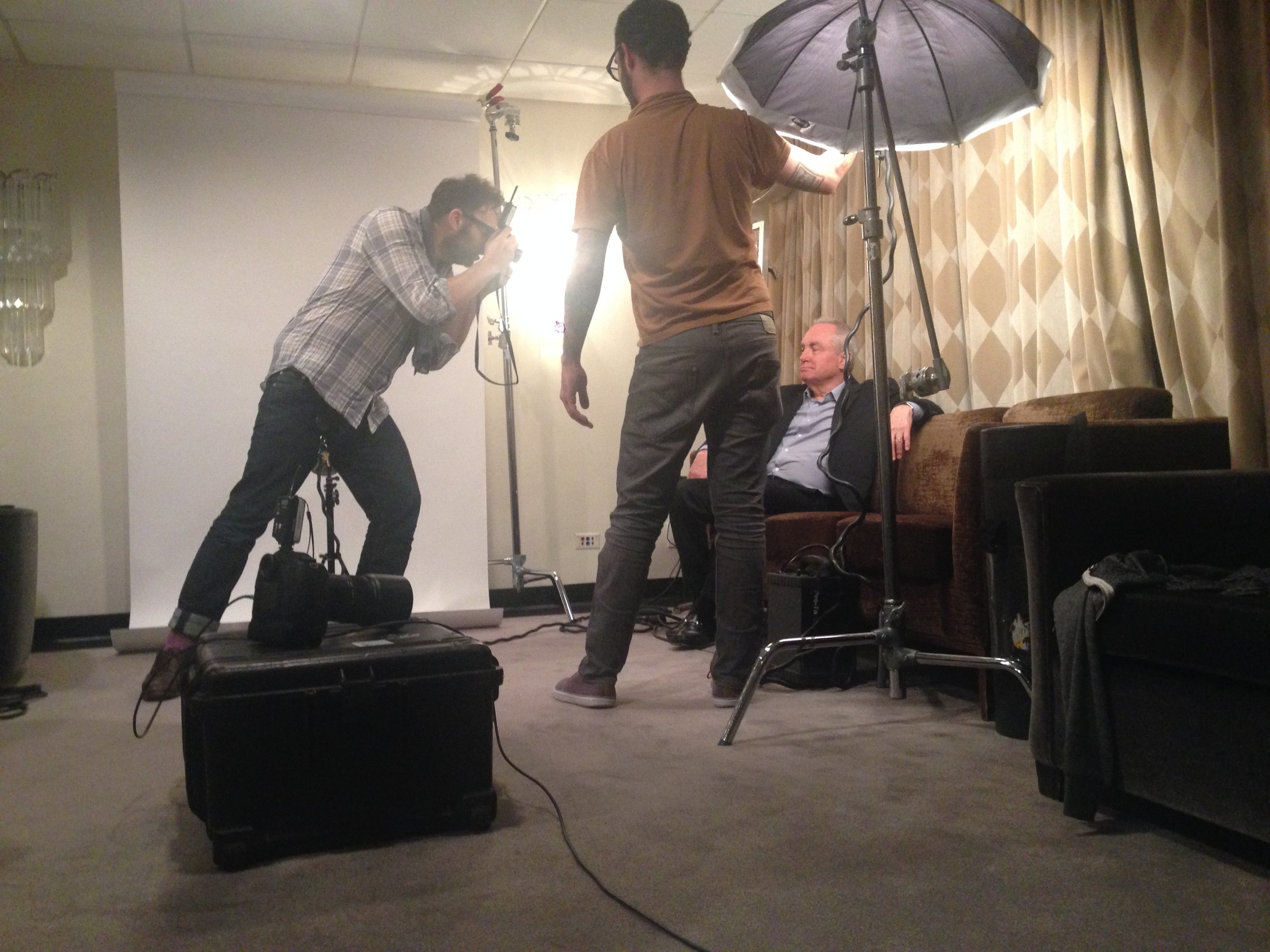Mark Mann (who photographed President Obama for Esquire in just 4 minutes), working fast with Lorne Michaels for AwardsLine inside a 6-minute window between tapings of The Tonight Show and Late Night (with SNL rehearsals happening behind that curtain). 