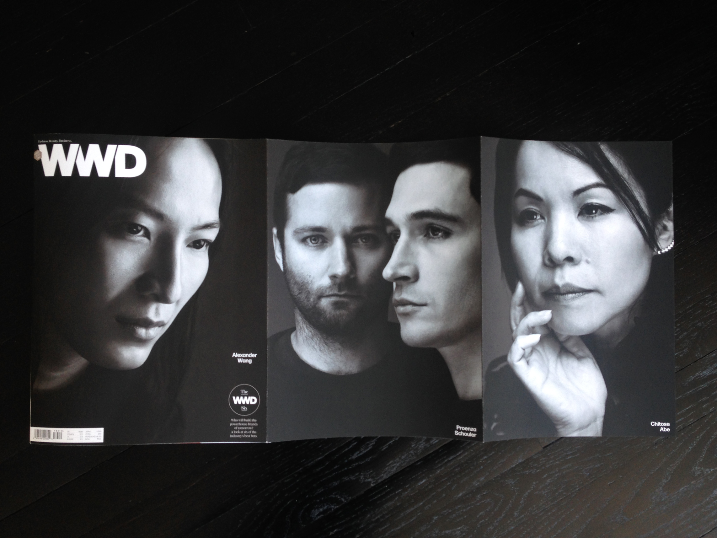 Triple gatefold A, featuring Wang, Proenza Schouler and Chitose Abe. Photography by Nigel Parry. The covers were photographed in 6 days and shipped to the printer less than 48 hours after the final shoot was complete, which meant making selects immediately after each session and hoping they'd all fit together nicely in a triptych at the end (I also did not know who'd be on the cover other than Wang). 