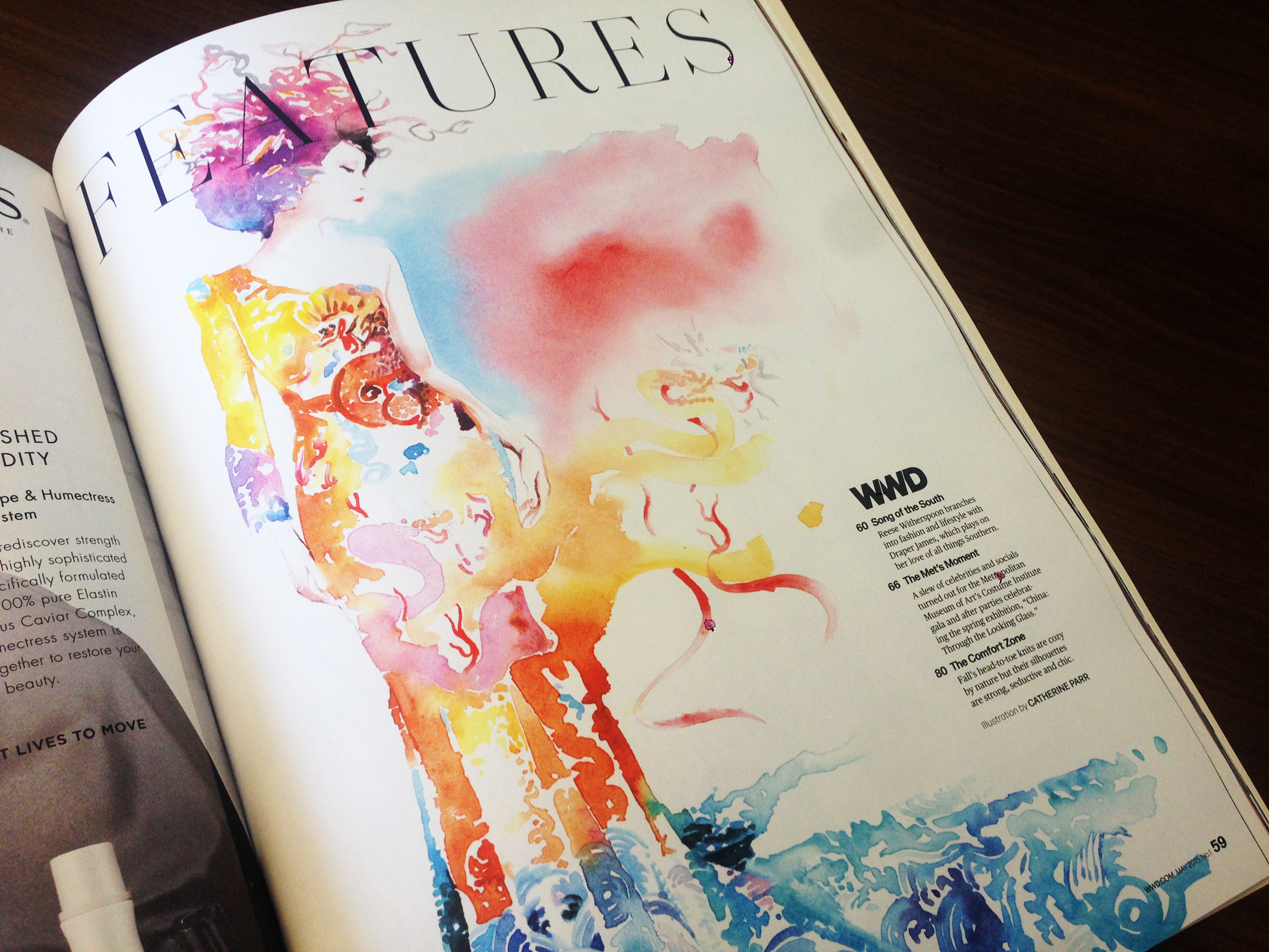Right-hand-opener to the Feature Well with a nod to the Costume Institute's 'China: Through the Looking Glass' theme. Illustration by Catherine Parr 