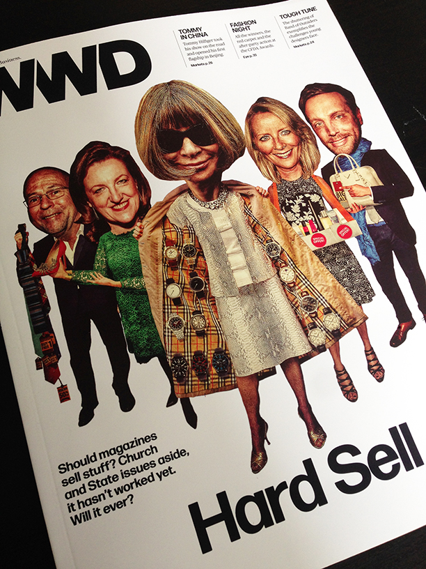 Illustration by Javier Munoz. Left to right: Esquire’s David Granger, Harper Bazaar’s Glenda Bailey, Vogue’s Anna Wintour, Allure’s Linda Wells and InStyle’s Ariel Foxman