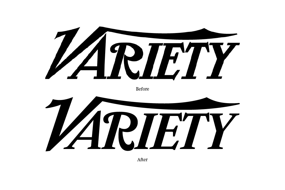 By 2013, the Variety logo was long over-due for a face lift (108 years to be exact). The stylish yet wonky letterforms created an instantly recognizable word mark (primarily due to the flying V and the curly R), but little effort had ever been made to make these shapes work well together as a whole. I called up Jim Parkinson to resolve five glaring problems: scale (the extra large A and diminutive R, condensed E and T), spacing (squished IET), perspective (the R is falling backwards), balance (where to begin!?), and the inconsistent terminals seen in the various swashes and serifs (some sharp points, some flat, others rounded). The new logo appears more refined and confident while preserving the original character and visual equity of the previous mark.