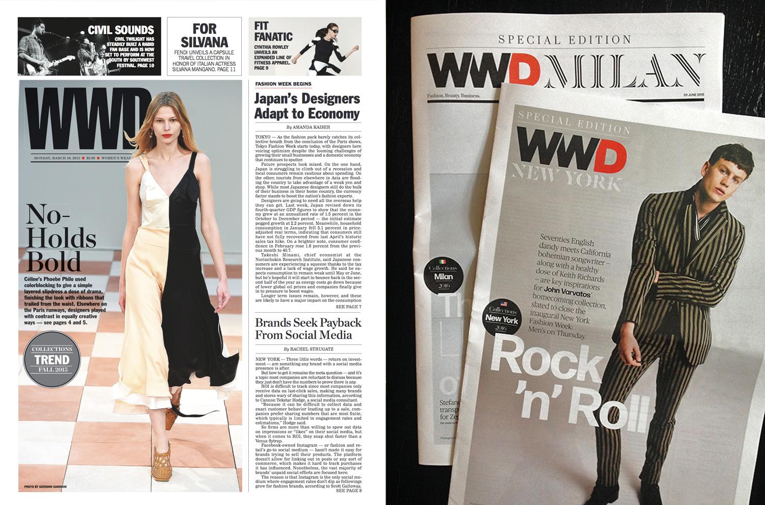 One of the final printed daily editions ( left) — before the launch of the new weekly magazine — using the Swiss 911 Extra Condensed logo. The new logo on two fashion week dailies (right). 