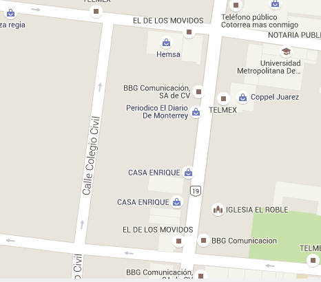 Google's map's view of Calle Colegio Civil, the street appears to be quiet and enterprise-less, next to its formal counterpart.