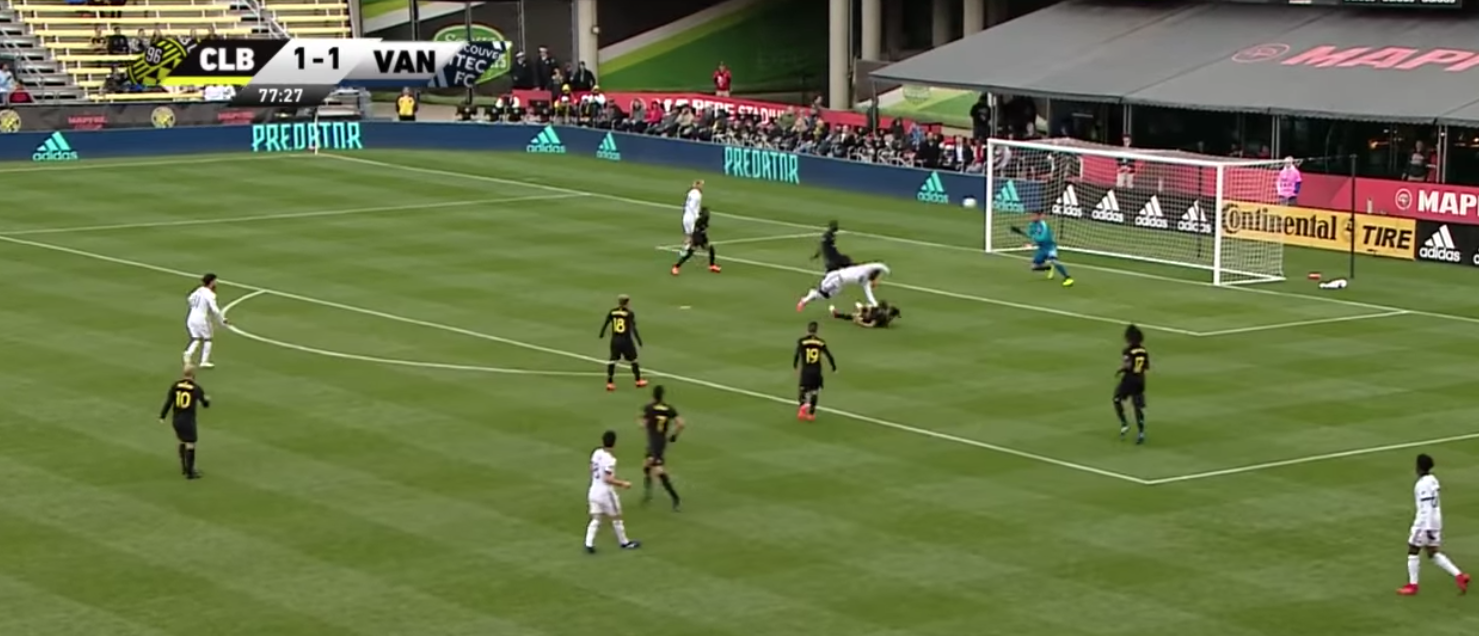 Once again Steffen is pulling his lead foot away from the shot.