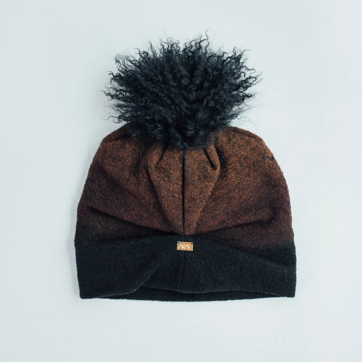 Arae Aura Wool Beanie Hat Onyx Shibori Mongolian Lamb Pom Pom Brown Black Freya Beanie // Onyx Gradient — ARAE main image 3