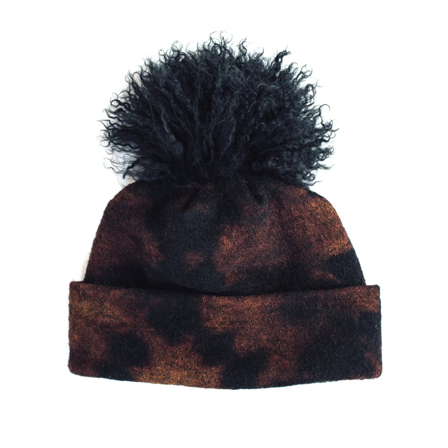 Arae Aura Wool Beanie Hat Onyx Shibori Mongolian Lamb Pom Pom Brown Black Aura Beanie // Onyx Shibori — ARAE main image 2