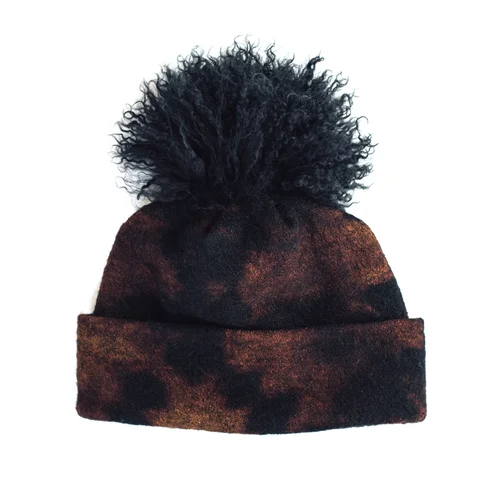Arae Aura Wool Beanie Hat Onyx Shibori Mongolian Lamb Pom Pom Brown Black Freya Beanie // Onyx Gradient — ARAE main image 2
