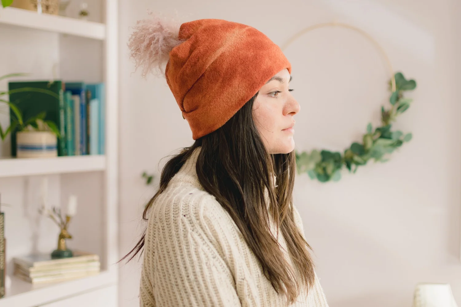 Arae Aura Wool Beanie Hat Onyx Shibori Mongolian Lamb Pom Pom Brown Black Freya Beanie // Onyx — ARAE main image 4