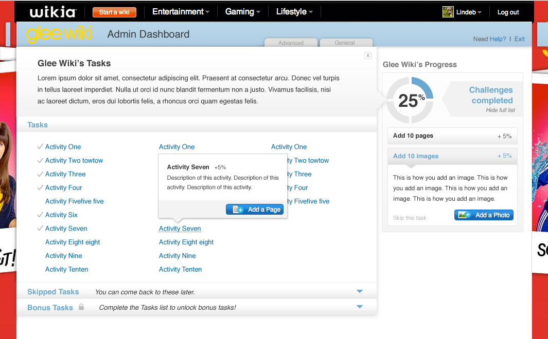 Click on the progress bar to view details about your progress and all available tasks.