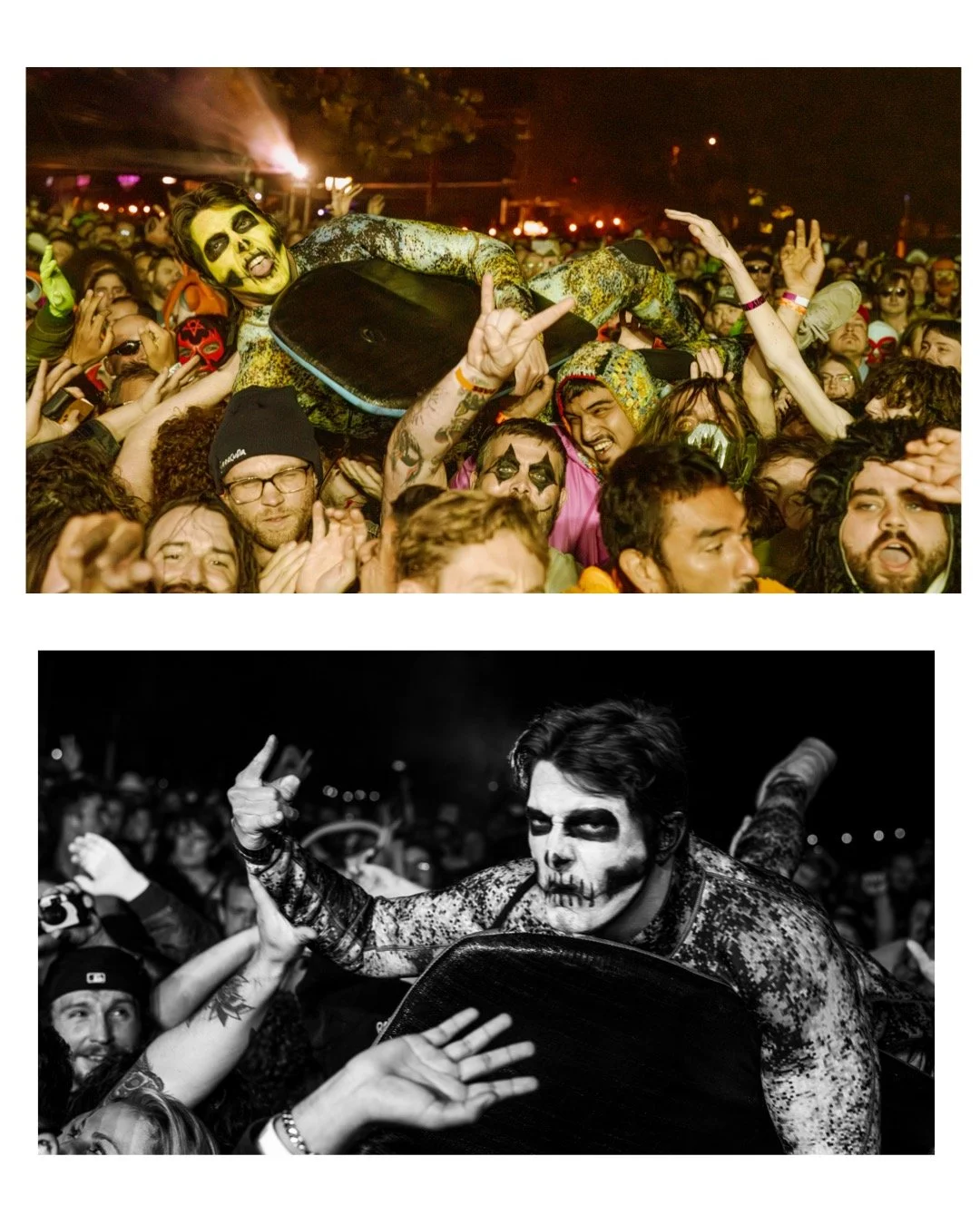 Two photos of a crowd at a concert or festival. The top photo shows a colorful scene with people in costumes and face paint, crowd surfing with a person dressed in skeleton makeup and face paint. The bottom photo, in black and white, shows a man with