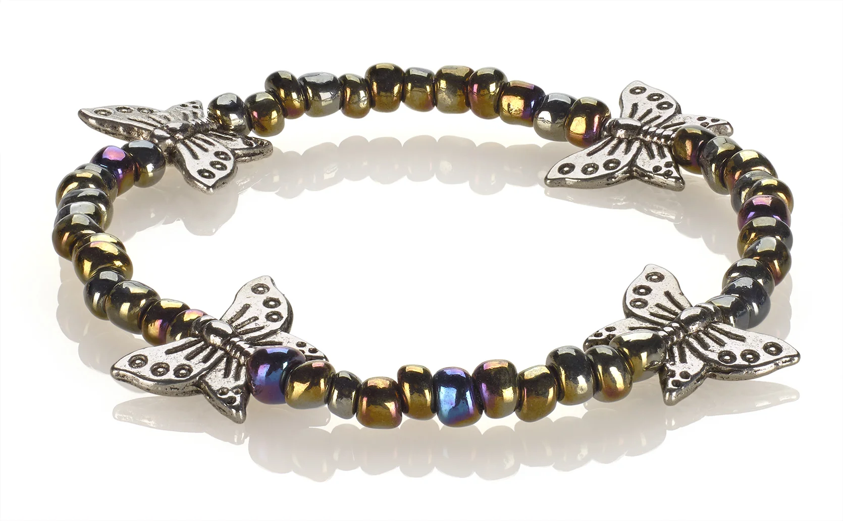 Tony Pettinato - 4 Silver Butterflies with Multicolor Beads Bracelet .jpg