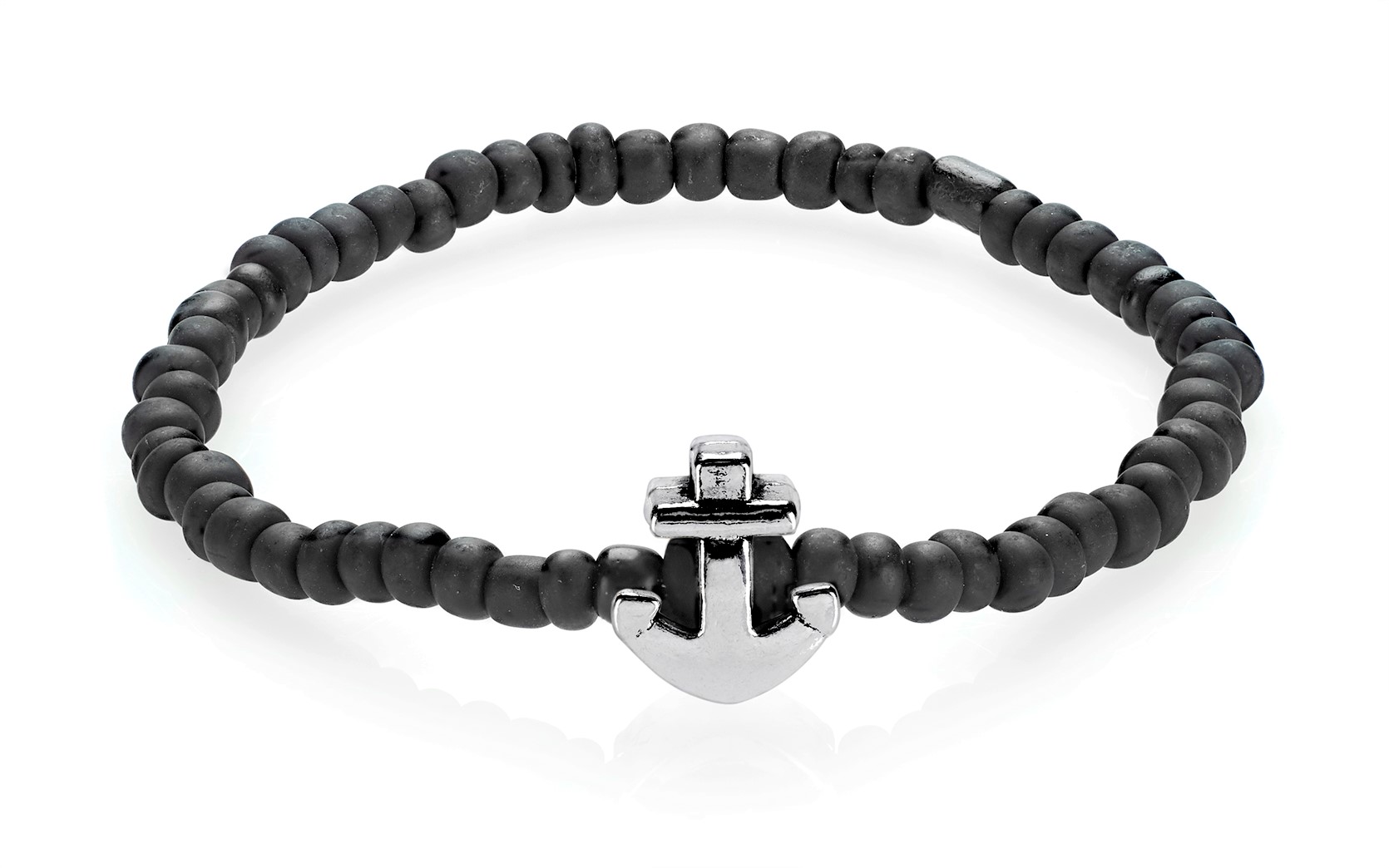 Silver anchor black czech glass bracelet nautical