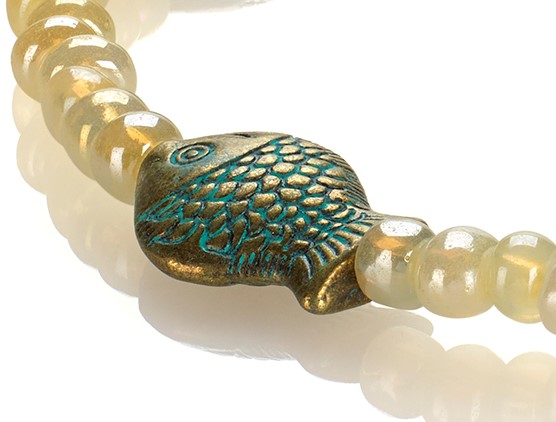 Antique patina brass etched fish antique pearl glass beaded bracelet