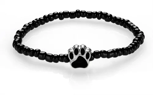 mans best friend Silver zinc floating paw print on black glass bracelet