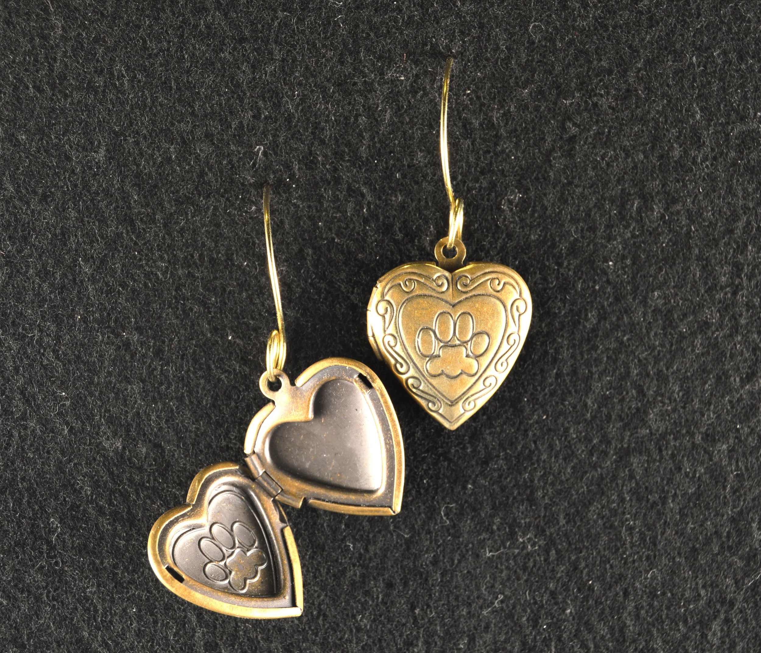 paw print dog pet antique brass locket earrings