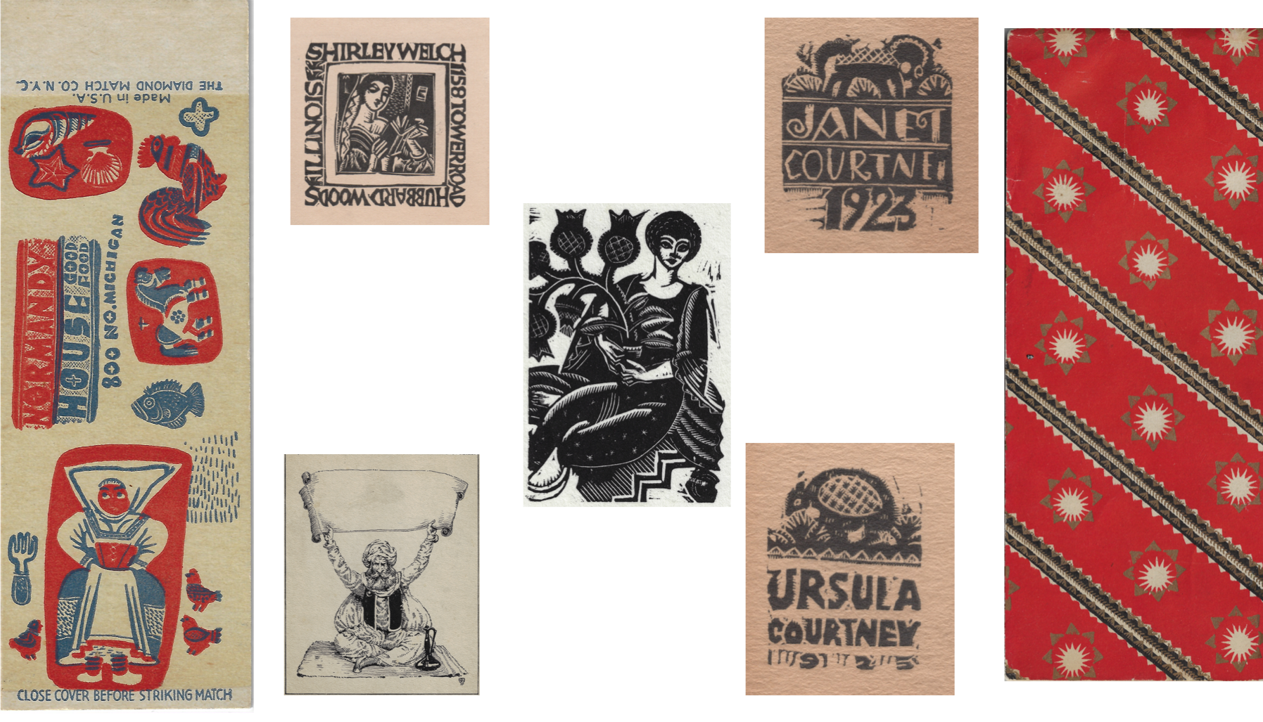 Assorted Edgar Miller Ephemera including (clockwise from left): "Normandy House matchbook", "Shirley Welch - business card", "Janet Courtney - business card", "Christmas Wrapping Paper Design for Marshall Fields & Co.", "Ursula Courtney - business card", "Genie - bookplate", “Lady in Her Garden - Wood print stamp" (c. 1920s-30s)