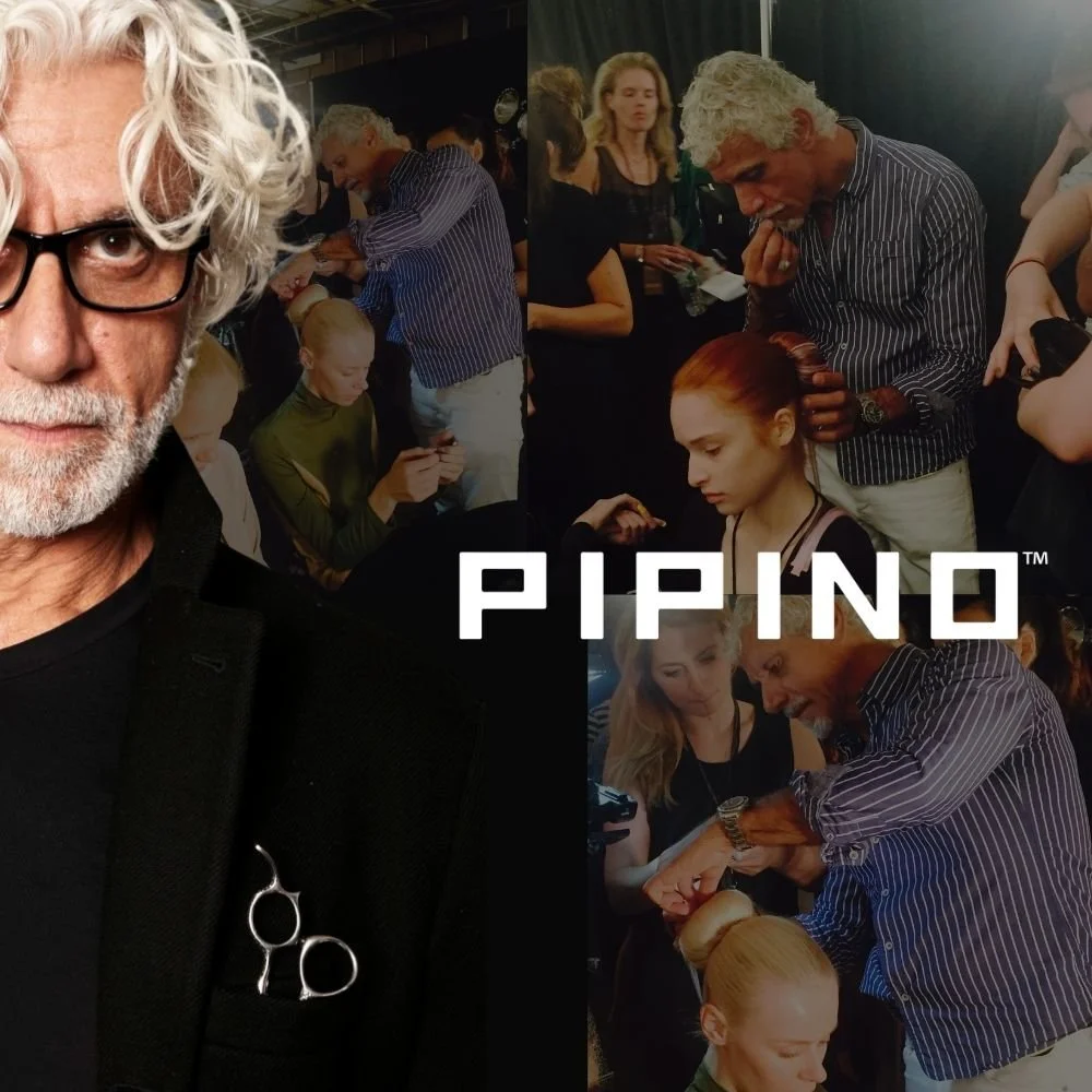 A collage featuring a white-haired man wearing glasses and a dark shirt with scissors in his pocket, alongside images of him styling models' hair backstage. Text 'PIPINO' is prominently displayed across the image.