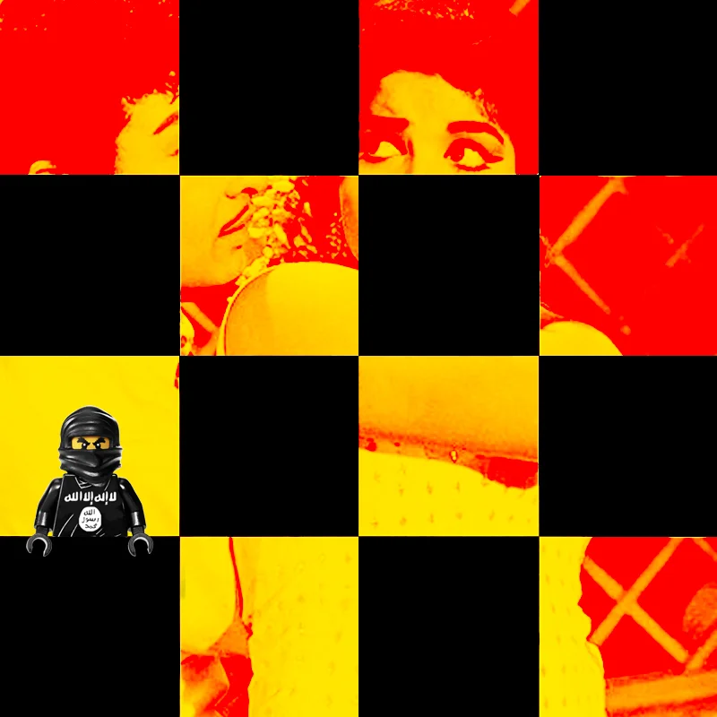 Jayalalithaa Jayaram, a former actress who is now the general secretary of the Chennai's ruling party. Pictured against multiple quarantine flags, raising questions of civil rights, while Lego mini figure Cole escapes to Syria to join ISIS.