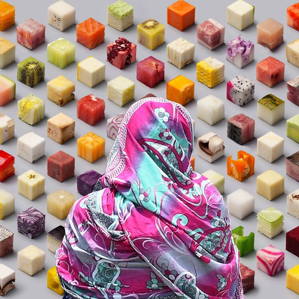 An Indonesian woman begins to pray while faced with food cubes. Ramadan Kareem.